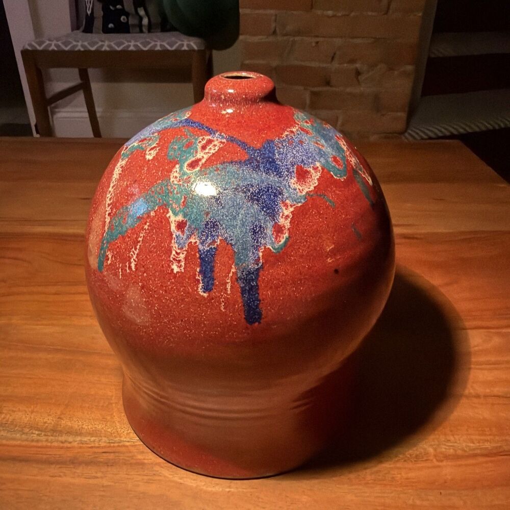 Zappa Pottery Signed Large Bulbous Bud Case Dark Red Glazed With Blue And Green